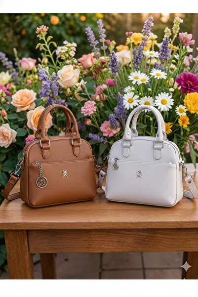 GOLDBAGS Kadın Deri Uzun Askılı El ve Omuz Çantası-Taba ve Krem 24x20x8