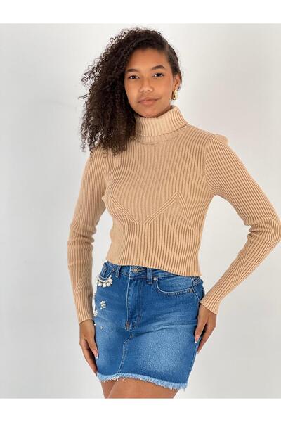 Miss Poem Women's High Neck Corded Fabric Crop Beige Knitwear Blouse