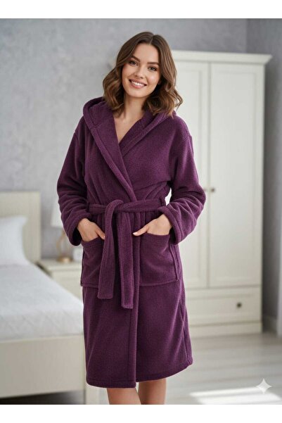 SUERTO MOR RENKLİ Wellsoft Peluş Kapüşonlu Unisex Sabahlık Oversize
