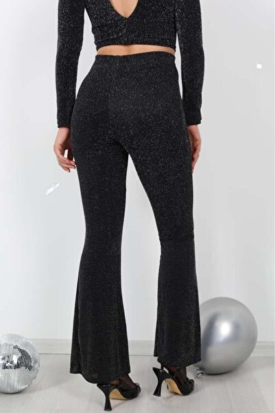 Elaxi Women's Elastic Waist Glittery Flared Black Trousers