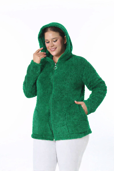 memetti m şekil Women's Green Plus Size Zippered Hooded Soft Plush Cardigan