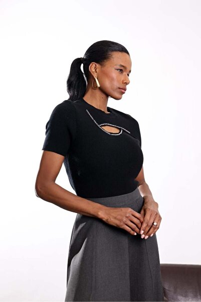 5in1Canpolat Black Beaded Detailed Short Sleeve Knitwear 140457