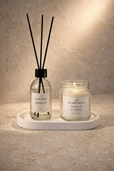 Lumiarte Kokulu Mum 200 ml + Çubuklu Oda Kokusu 100 ml + Tepsi 3’lü Set