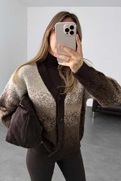 5in1Canpolat Brown Color Gradient Knitwear Cardigan 95142