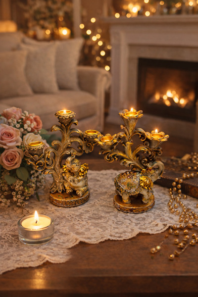 seymenbıçakçılık Fil Desenli Dekoratif Mumluk 2’li Set – Klasik Şamdan | Muml...