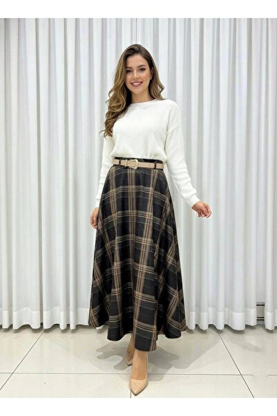 Butik Siyah Ekose Desenli Kumaş Kemerli Etek Modelimiz