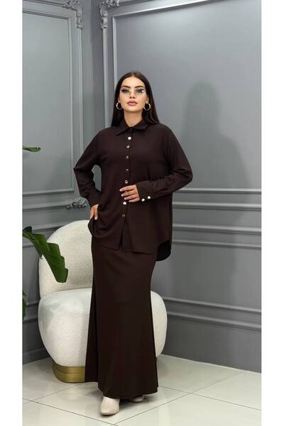 Genesis cannes طقم تنورة مزدوجة بياقة قميص من كان نورا براون قماش قابل للتمدد