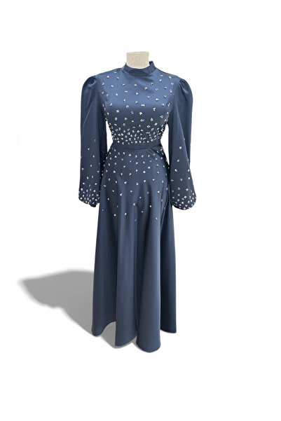 Butik Lacivert Saten Taşlı Abiyemiz
