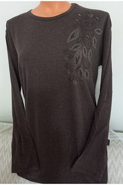 Anne Er Clothing Winter Cotton Combed Cotton Blouse Long-Sleeved Crew Neck Coffee