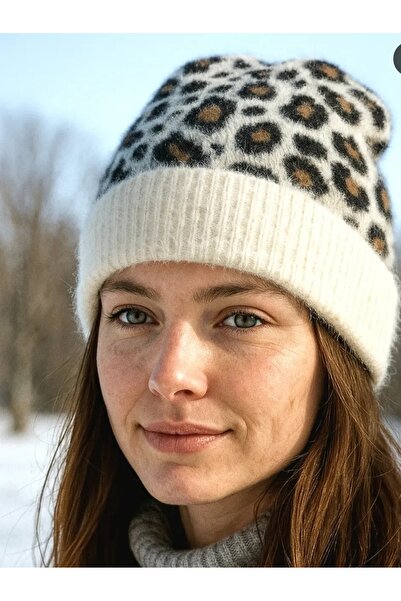 aseh shop Pffy Leopar Desenli Tüylü Bere