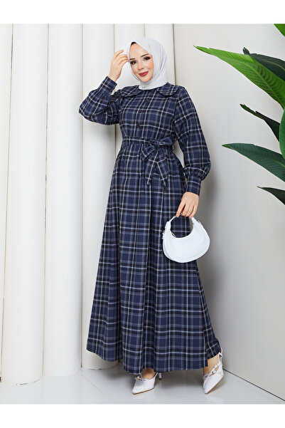 PINTORE Women's Front Button Plaid Pattern Long Dress
