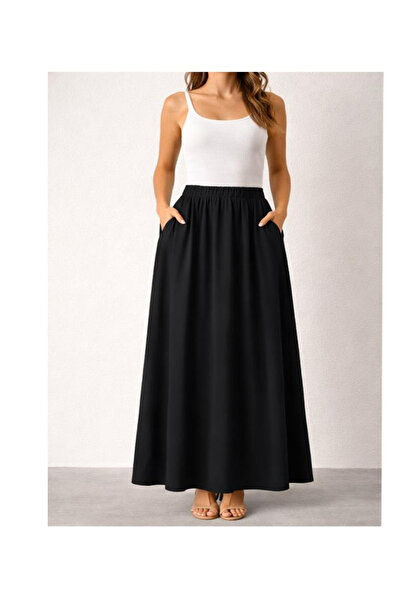 memetti m şekil Women's Black Elastic Waist Pocketed Double Ankle Length Skirt