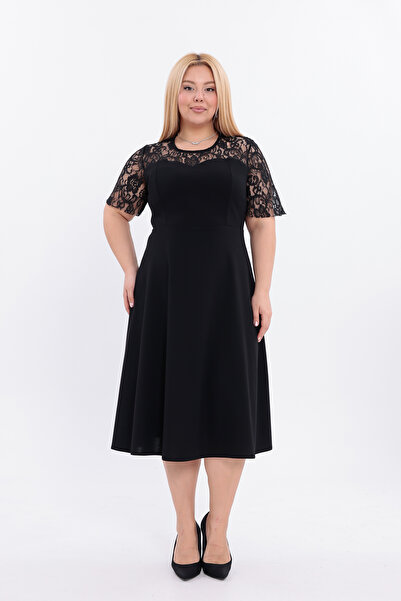 IŞILTI Modern & Elegant Stretch Fabric Crepe Fabric Lace Detail Zipper Midi Length Plus Size Evening Dress 3145