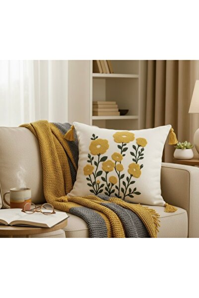 ON-ARS TEKSTİL غطاء وسادة مزخرف بوهيمي مطرز بزهرة الخردل - مزين بتفاصيل شراشي...
