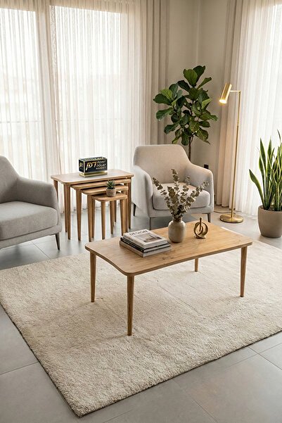 PDMPOİNT DOLAP MARKET Gondol 3 lü Zigon Sehpa Takımı Ve Orta Sehpa Safir Meşe