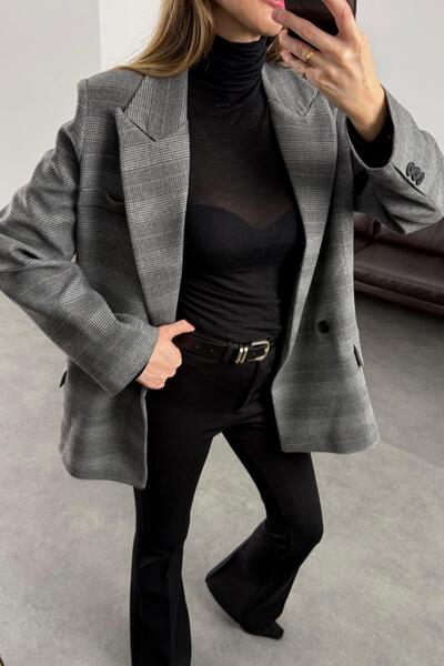 5in1Canpolat Gray Plaid Pattern Blazer Jacket 03020