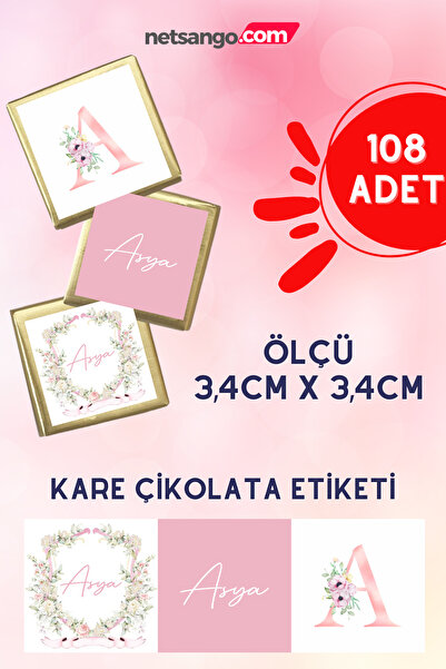 Netsan Etiket Çiçek Desen 108 Adet İsme Özel Madlen Çikolata Etiketi 3.4cm Ka...