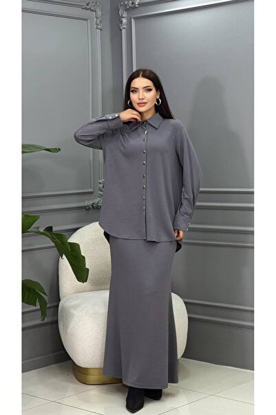 Cannes Nora Gray Stretch Fabric Shirt Collar Double Skirt Set