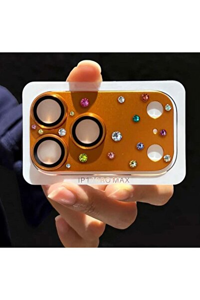 Generic High-End Sparkling Orange Rhinestone 3D Armor Tempered Glass Camera Lens Protector for iPhone 17 Pro