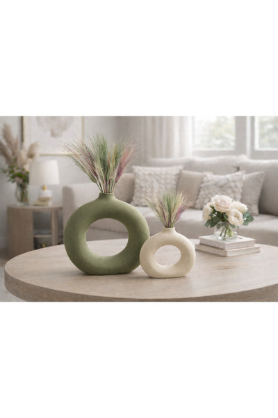 MorVilla Yeşil & Krem Halka Vazo Seti | Modern Dekoratif İkili Vazo