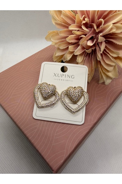 XUPING JEWELRY Zircon Stone Frame Steel Earrings with Heart over Heart Figure