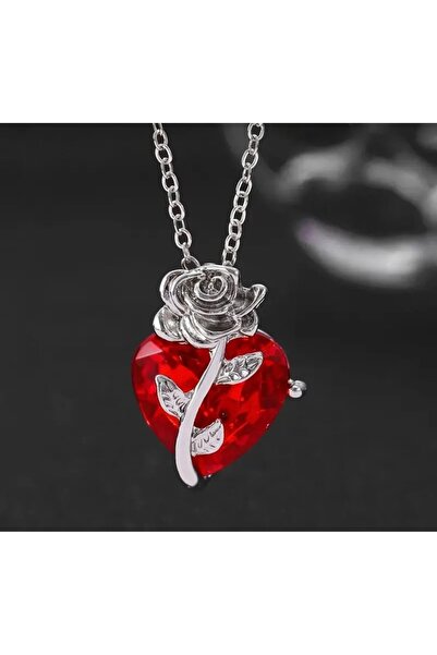 REKS Kırmızı Kalp Taşlı Gül Kolye – Aşkın En Işıltılı Hediye Hali