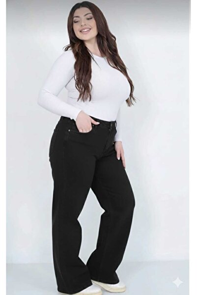TRENDNATUREL Plus Size High Waist Stretch Fabric Black Palazzo Loose Jean Pants