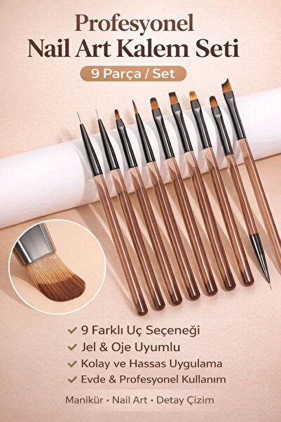 Sibelon Premium 9'lu Nail Art Fırça Seti Profesyonel | Jel Tırnak Uzatma Ombr...