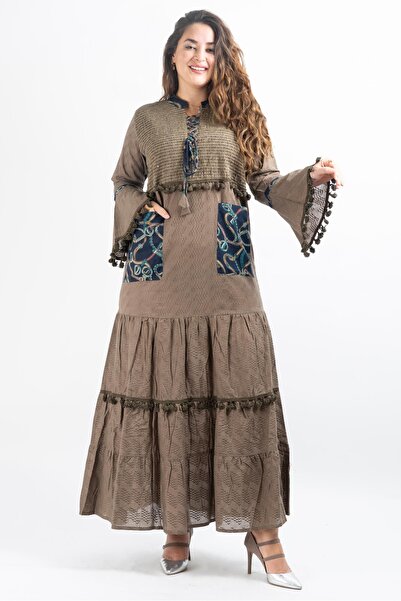 Zainah Cotton Tiered Maxi Dress-Elegant Collar Neck Tie Detail-Long Bell Sleeve Jalabiya with Dual Pockets