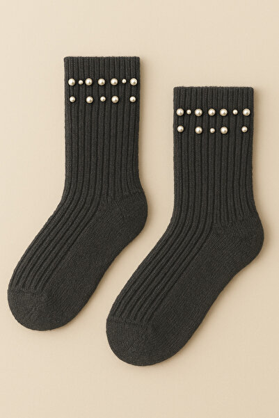Katia&Bony Women's Pearl Accessory F Corded Fabric Socks Gray