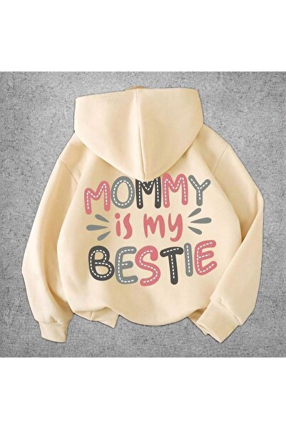 Kids Çocuk Bej MOMY BESTIE Baskılı Kapüşonlu Sweatshirt