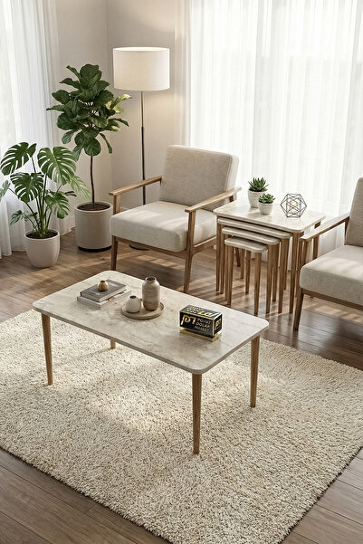 PDMPOİNT DOLAP MARKET Gondol Zigon Sehpa Takımı Ve Orta Sehpa Traverten