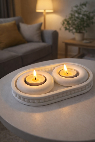 Sisay Home İkili Tealight Mumluk Seti – Minimal Taş Tozu Dekoratif Mumluk | E...