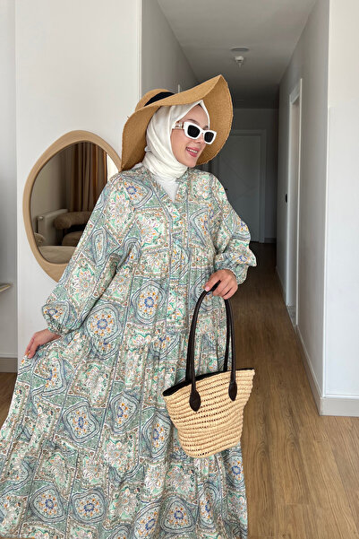 Nsade Ensade Women's Hijab Dress with Glitter Pattern, Buttoned Long Dress, Comfortable Fit