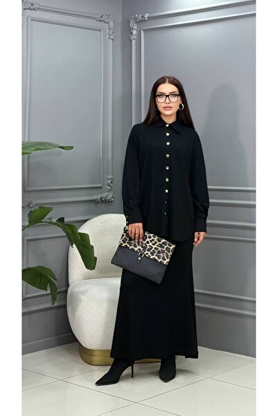 Genesis cannes Cannes Nora Black Stretch Fabric Shirt Collar Double Skirt Set