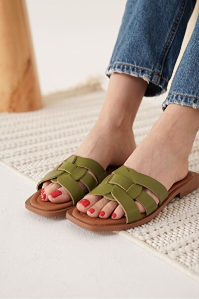 aczagul butik Marlen Khaki Green Genuine Leather Slippers