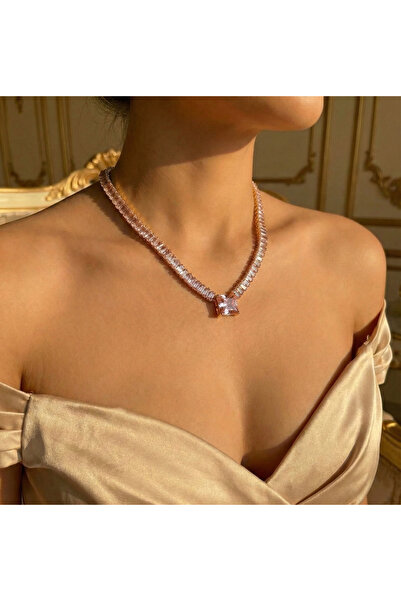 Ashley Collection Pembe Taşlı Kalın Kare Detaylı Suyolu Kısaltılabilir Kolye