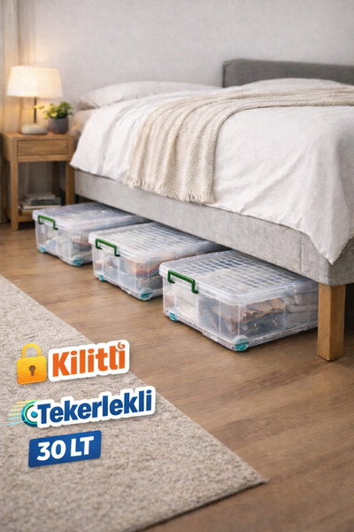 Loremp Yatak Baza Koltuk Altı Yatay Tekerlekli Kilitli 3 Adet 30 LT Saklama K...