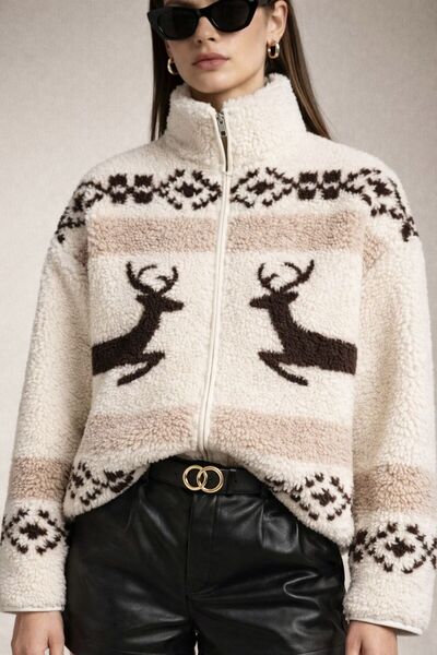 Vesua Balıkçı Yaka Geyik Desenli Suni Yün Polar Ceket