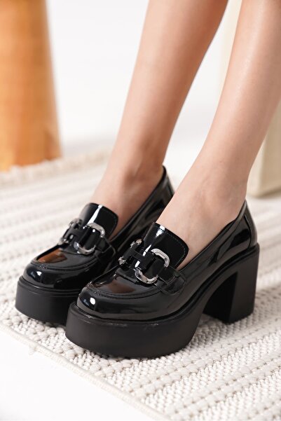 aczagul butik Felice Black Patent Leather Silver Buckle Women's Loafer