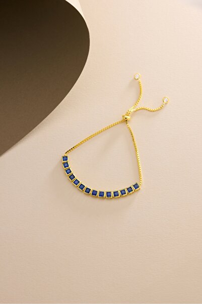 Nereze 925 Ayar Gümüş Gold Kaplama Ayarlanabilir Asansörlü Sıralı Kare Mavi T...