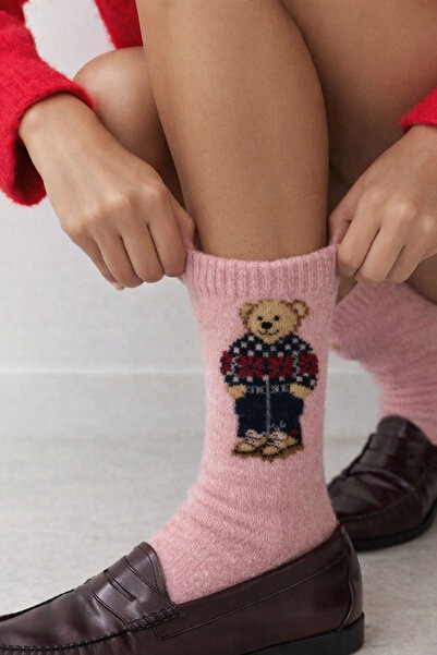 Katia&Bony Women's Teddy Patterned Wool Socks Pink