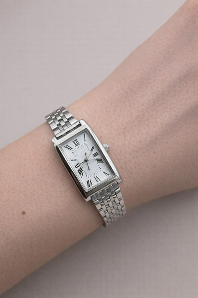 FIORA AKSESUAR Stylish Rectangular Design Silver Steel Case Steel Band 20mm W...