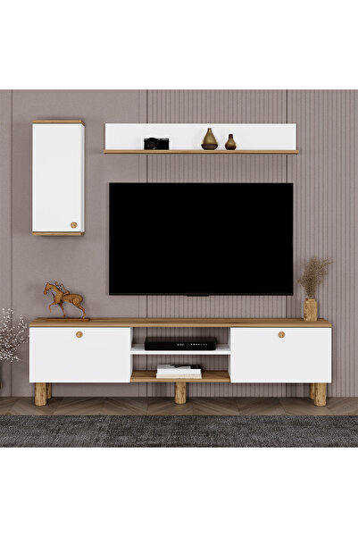 Kalender Dekor Mert Bohem Ayaklı Kapaklı Tv Ünitesi Tv Sehpası 140 cm. Çam Beyaz