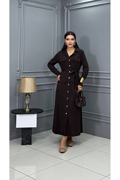 Cannes فستان طويل بني اللون من ماري قماش قابل للتمدد - تفاصيل جيب مغطى