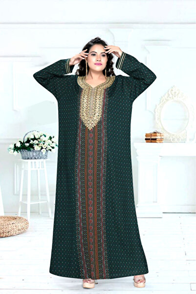 Zainah Rayon Viscose Casual Jalabiya - Full Print Maxi Dress with Intricate Neck Embroidery & Long Sleeves