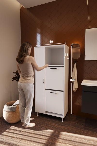 BELMO Mars İki Sepetli Renkli Beyaz Çamaşır Sepetli Çok Amaçlı Banyo Dolabı