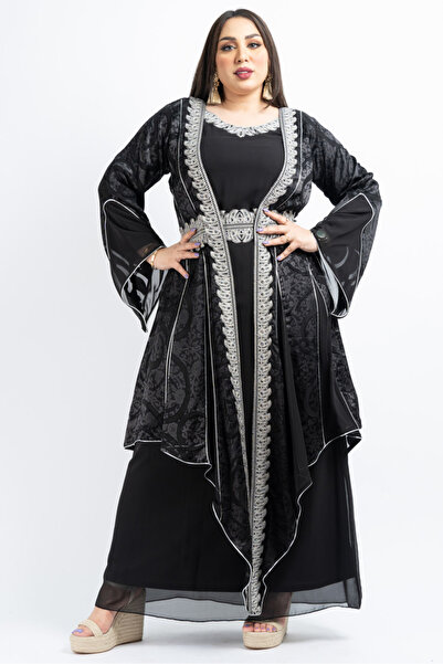 Zainah Luxury Chiffon Print Kaftan - Heavy Silver Embroidery Round Neck Abaya with Attached Inner Lining