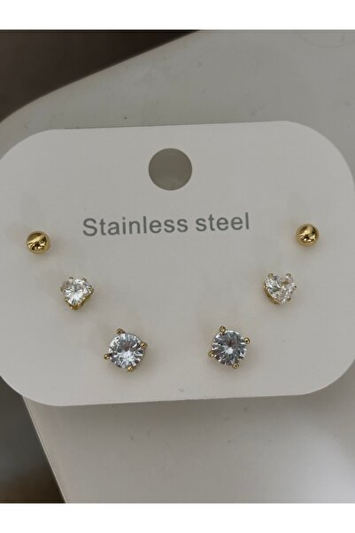 Butik S.steel 14K Gold Renk Çelik Çoklu Küpe Seti