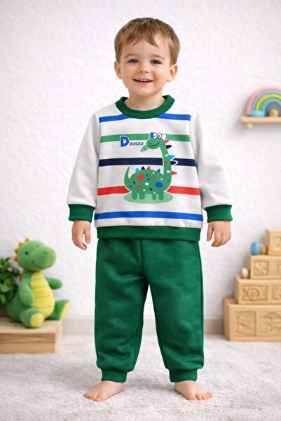 krm kerem bebe Dinosaur Patterned Thick Winter Baby & Kids Set with Fleece Inside